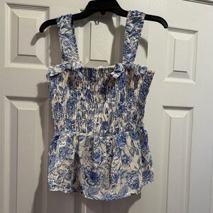 Floral Blue and White Smocked peplum Women's Top